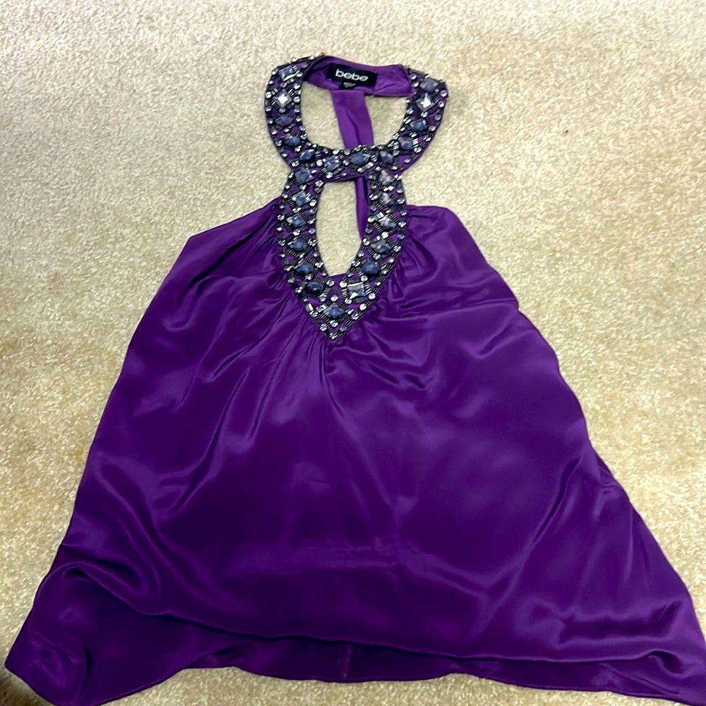 Vibrant purple classic Bebe blouse, beautiful stones and silky material